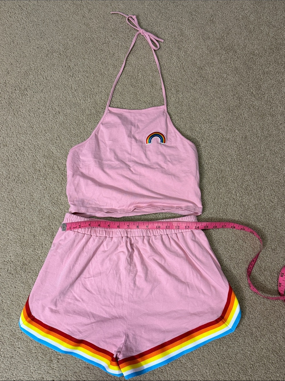 Pink Rainbow Halter Crop Top + Shorts Set
